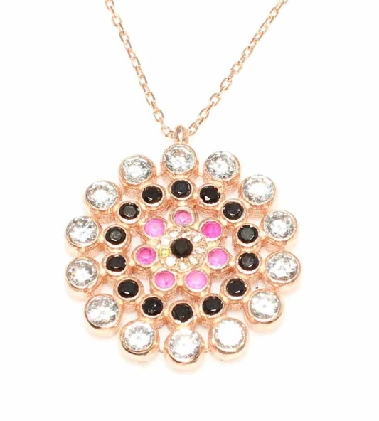 925 Ayar Gümüş Yuvarlak Taşlı Kolye, Pembe - Siyah Kırmızı Beyaz Taş - Resim 3