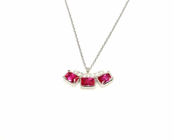 925 Ayar Gümüş 3 Taşlı Kolye, Beyaz - Kırmızı, Beyaz Taş - Resim 3