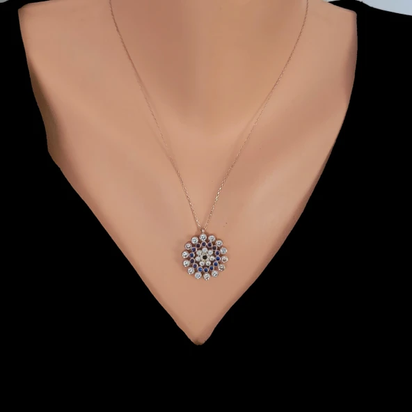 925 Ayar Gümüş Yuvarlak Taşlı Kolye, Pembe - Siyah Mavi  Beyaz Taş ürün görseli