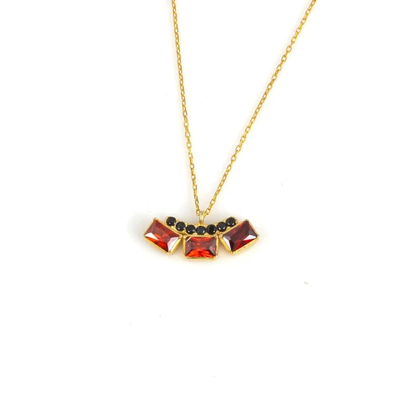 925 Ayar Gümüş 3 Taşlı Kolye, Pembe - Turuncu, Siyah Taş - Resim 2