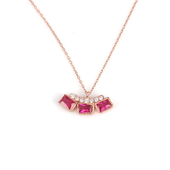925 Ayar Gümüş 3 Taşlı Kolye, Pembe - Kırmızı, Beyaz Taş ürün görseli 1