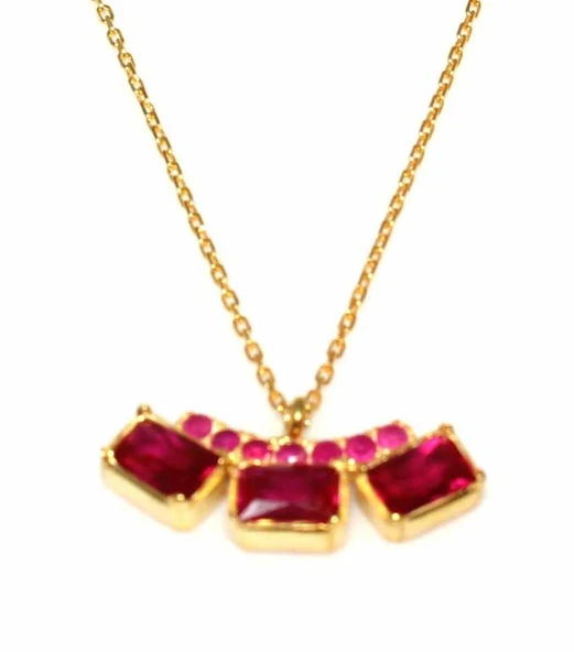 925 Ayar Gümüş 3 Taşlı Kolye, Sarı- Kırmızı Taş - Resim 2