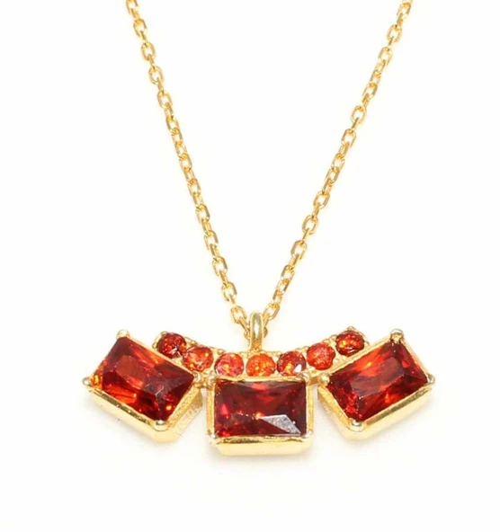 925 Ayar Gümüş 3 Taşlı Kolye, Sarı- Ateş Kırmızı Taş - Resim 3