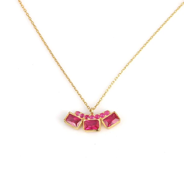 925 Ayar Gümüş 3 Taşlı Kolye, Sarı- Kırmızı Taş ürün görseli