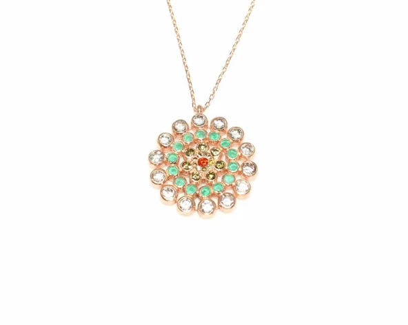 925 Ayar Gümüş Yuvarlak Taşlı Kolye, Pembe - Kırmızı Sarı Yeşil Beyaz Taş - Resim 4