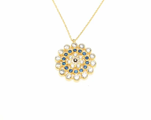 925 Ayar Gümüş Yuvarlak Taşlı Kolye, Sarı - Siyah Mavi  Beyaz Taş - Resim 3