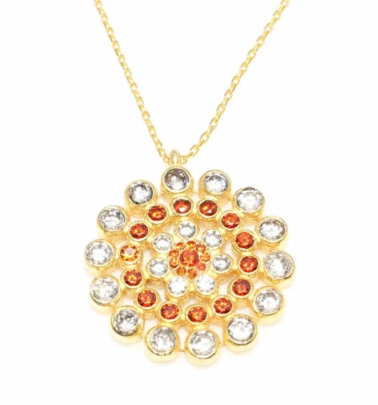 925 Ayar Gümüş Yuvarlak Taşlı Kolye, Sarı - Ateş Kırmızısı Beyaz Taş - Resim 3