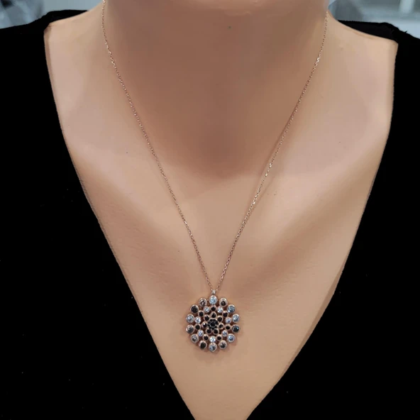 925 Ayar Gümüş Yuvarlak Taşlı Kolye, Pembe - Siyah Beyaz Taş ürün görseli 1