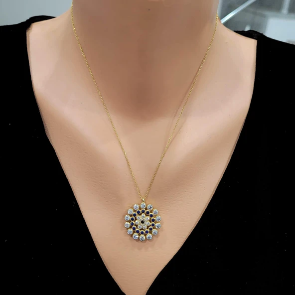 925 Ayar Gümüş Yuvarlak Taşlı Kolye, Sarı - Siyah Mavi  Beyaz Taş ürün görseli