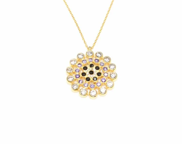 925 Ayar Gümüş Yuvarlak Taşlı Kolye, Sarı - Siyah Mor Beyaz Taş - Resim 3