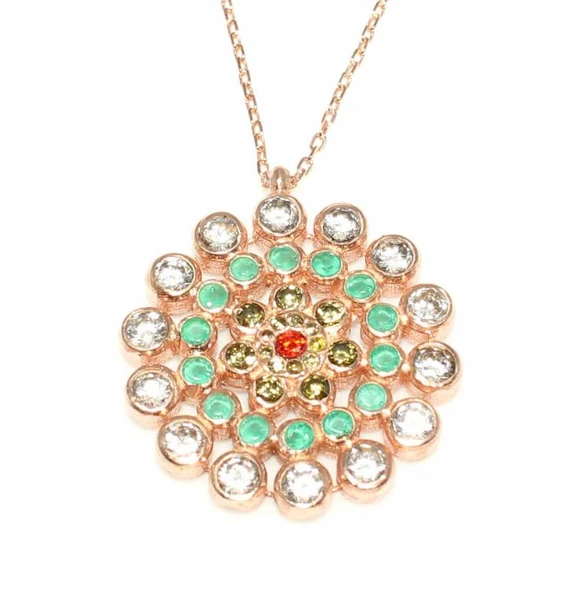 925 Ayar Gümüş Yuvarlak Taşlı Kolye, Pembe - Kırmızı Sarı Yeşil Beyaz Taş - Resim 3