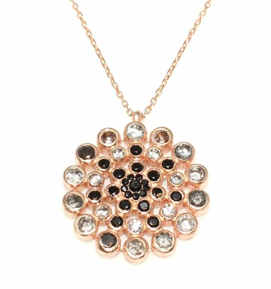 925 Ayar Gümüş Yuvarlak Taşlı Kolye, Pembe - Siyah Beyaz Taş - Resim 3