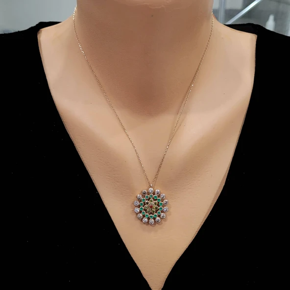 925 Ayar Gümüş Yuvarlak Taşlı Kolye, Pembe - Kırmızı Sarı Yeşil Beyaz Taş ürün görseli