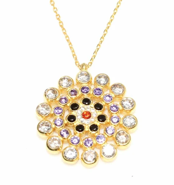 925 Ayar Gümüş Yuvarlak Taşlı Kolye, Sarı - Siyah Mor Kırmızı Beyaz Taş - Resim 3