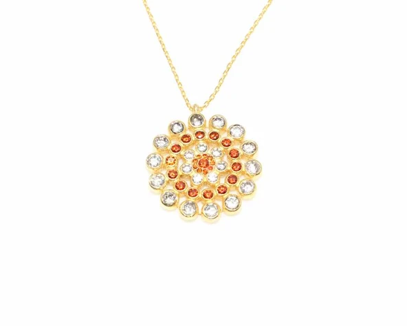 925 Ayar Gümüş Yuvarlak Taşlı Kolye, Sarı - Ateş Kırmızısı Beyaz Taş - Resim 4