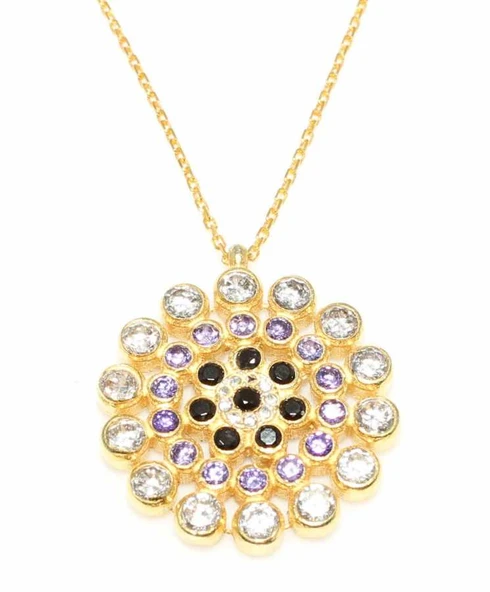 925 Ayar Gümüş Yuvarlak Taşlı Kolye, Sarı - Siyah Mor Beyaz Taş - Resim 2