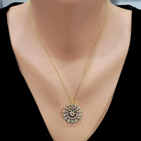 925 Ayar Gümüş Yuvarlak Taşlı Kolye, Sarı - Siyah Mor Kırmızı Beyaz Taş ürün görseli 1