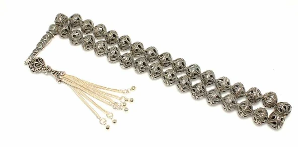 925 Ayar Gümüş Delikli Top Tesbih, Spiral Desenli İmame ürün görseli 1