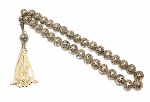 925 Ayar Gümüş Küre Kesim Tesbih, Ay Yıldızlı İmame ürün görseli 1