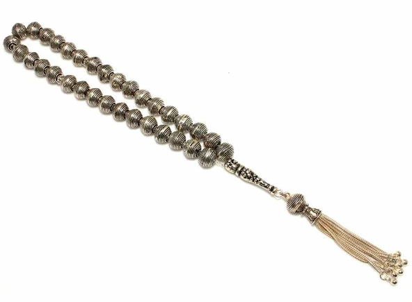 925 Ayar Gümüş Helezonik Şekilli Top Motifli Tespih, Çiçek Desenli İmame ürün görseli