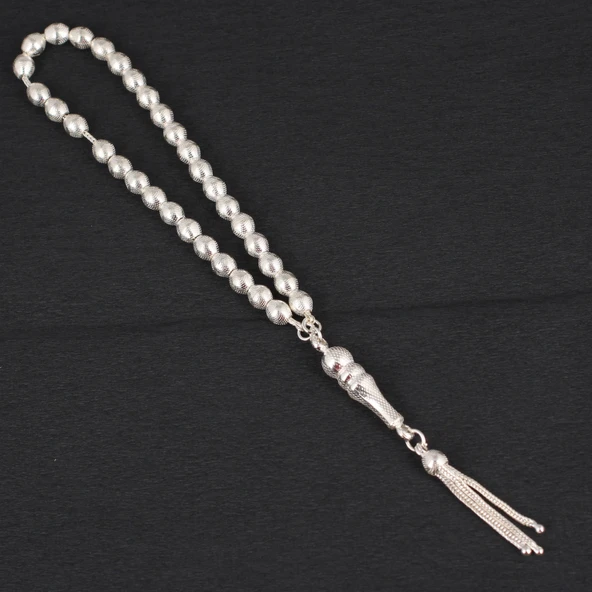 925 Ayar Gümüş Arpa Kesim Desenli Tesbih, İmame, Beyaz - Resim 2