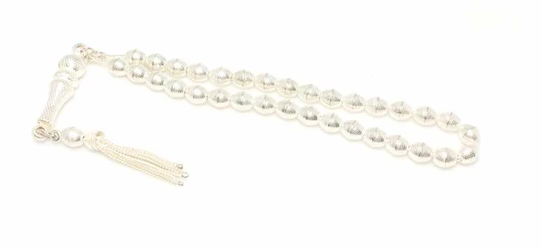 925 Ayar Gümüş Arpa Kesim Desenli Tesbih, İmame, Beyaz - Resim 3