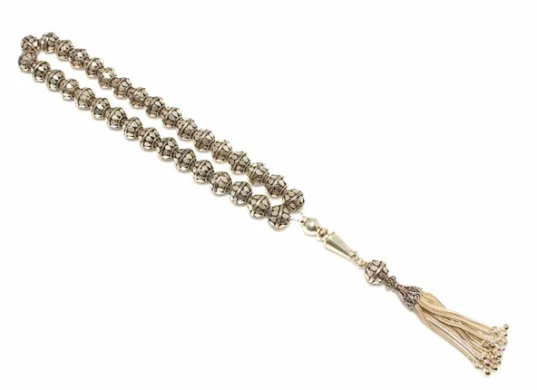 925 Ayar Gümüş Döküm Telkari Motifli Tesbih, Düz İmame ürün görseli