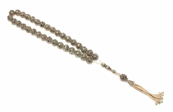 925 Ayar Gümüş Küre Kesim Döküm Telkari Motifli Tesbih ürün görseli 1