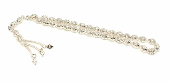 925 Ayar Gümüş Arpa Kesim Delikli Top Tesbih, Beyaz ürün görseli 1