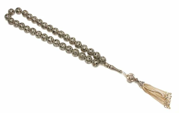 925 Ayar Gümüş Küre Kesim Döküm Telkari Motifli Tesbih, Timsah Desen İmame ürün görseli 1