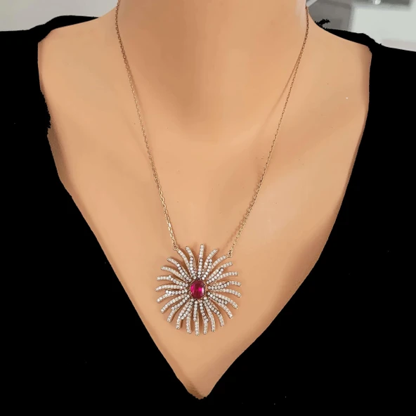 925 Ayar Rose Gümüş Yakut Taşlı Tılsım Kolye ürün görseli