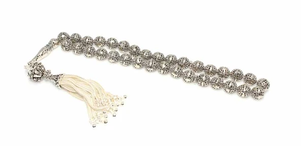 925 Ayar Gümüş Geometrik Şekil Delikli Tesbih, Desenli İmame - Resim 3