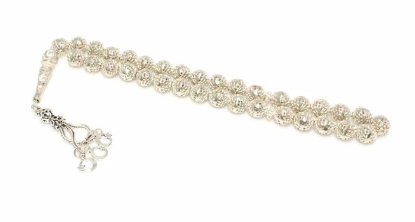 925 Ayar Gümüş Geometrik Şekilli Delikli Tesbih, Ay yıldız İmame ürün görseli 1