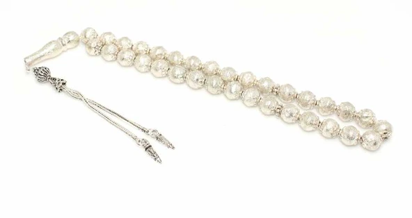 925 Ayar Gümüş Lazer Desenli Top Tesbih ve İmame, Çivi Modeli Püskül ürün görseli