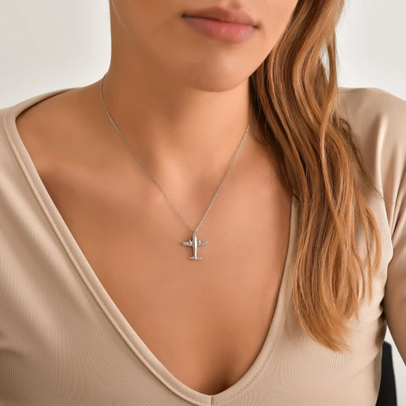 925 Ayar Gümüş Uçak Kolye, Beyaz ürün görseli 1