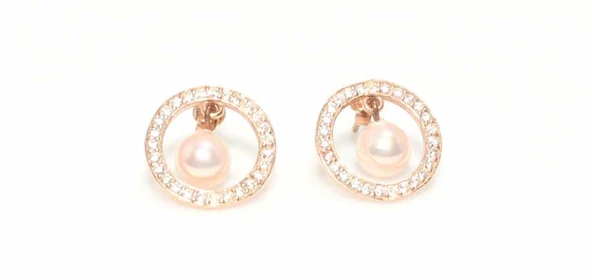 925 Ayar Gümüş İnci Halka Küpe, Pembe - Resim 2