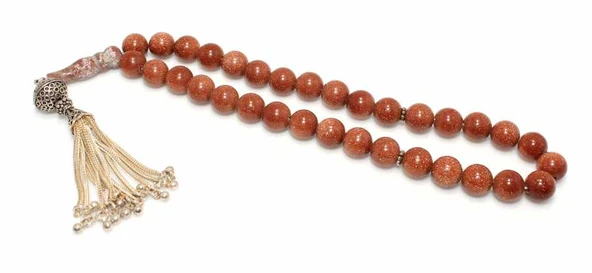 Kahverengi Altın Yıldız Kum Doğaltaş Tesbih, Akik İmame Gümüş Püsküllü ürün görseli