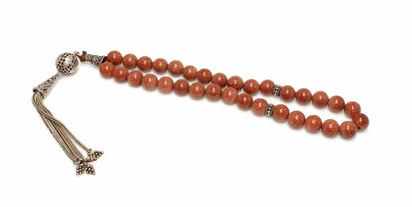 Kahverengi Altın Yıldız Kum Doğaltaş Tesbih, Gümüş İmame ve Püsküllü ürün görseli