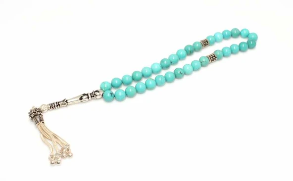 Küre Kesim Firuze Doğaltaş Gümüş Tesbih, Lale Desenli İmame ürün görseli