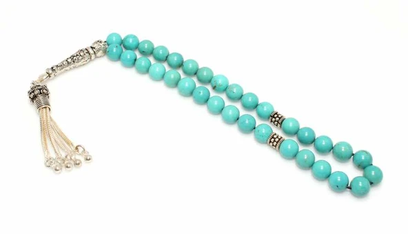 Küre Kesim Firuze Doğaltaş Gümüş Tesbih, Çiçek Desenli İmame ürün görseli 1