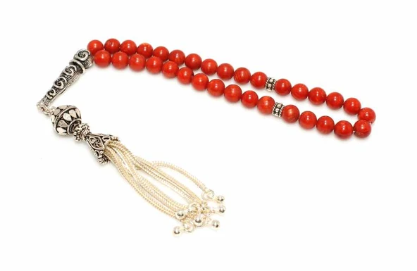 Mercan Doğaltaşlı Tespih, Gümüş Desenli İmame ve Püskül ürün görseli 1