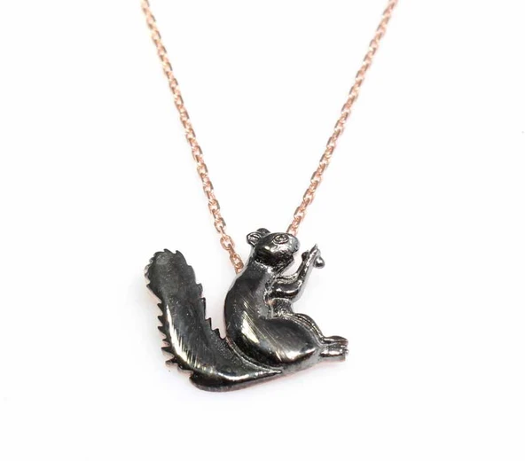 925 Ayar Gümüş Sincap Kolye - Pembe - Siyah - Resim 2