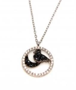 925 Ayar Gümüş Ay ve Kuş Kolye, Beyaz - Siyah Taş - Resim 3