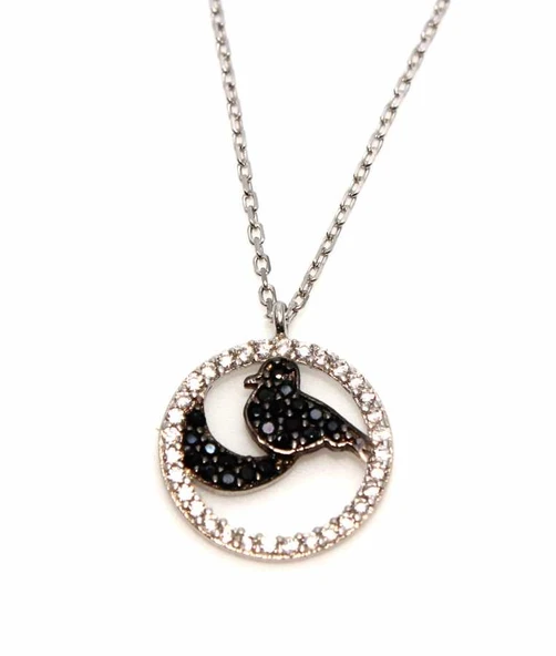 925 Ayar Gümüş Ay ve Kuş Kolye, Beyaz - Siyah Taş ürün görseli