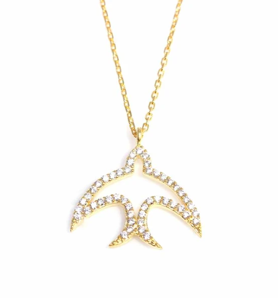 925 Ayar Gümüş Kırlangıç Kolye, Sarı,- Beyaz Taş - Resim 2