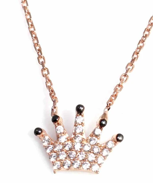 925 Ayar Gümüş Taç Kolye, Pembe, Siyah - Beyaz Taş ürün görseli