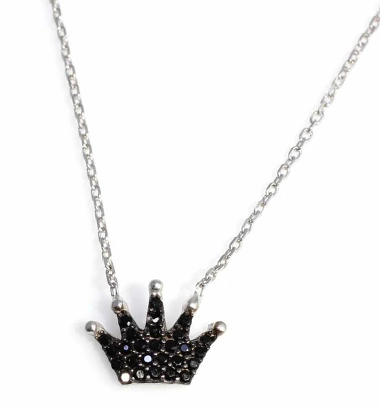 925 Ayar Gümüş Taç Kolye, Beyaz - Siyah Taş ürün görseli 1