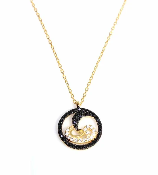 925 Ayar Gümüş Çemberli Vav ve Ay Kolye, Sarı - Resim 3