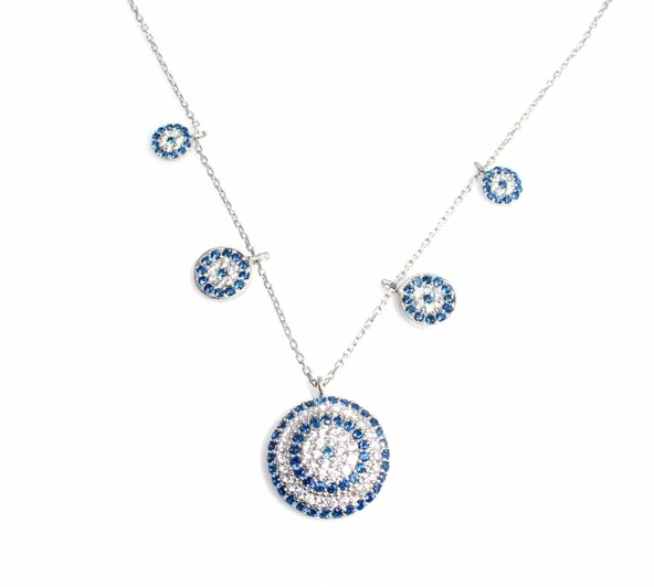 925 Ayar Gümüş Nazar Boncuğu Şans Kolyesi, Beyaz - Beyaz, Mavi Taş ürün görseli