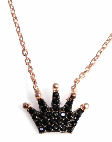 925 Ayar Gümüş Taç Kolye, Pembe - Siyah Taş ürün görseli